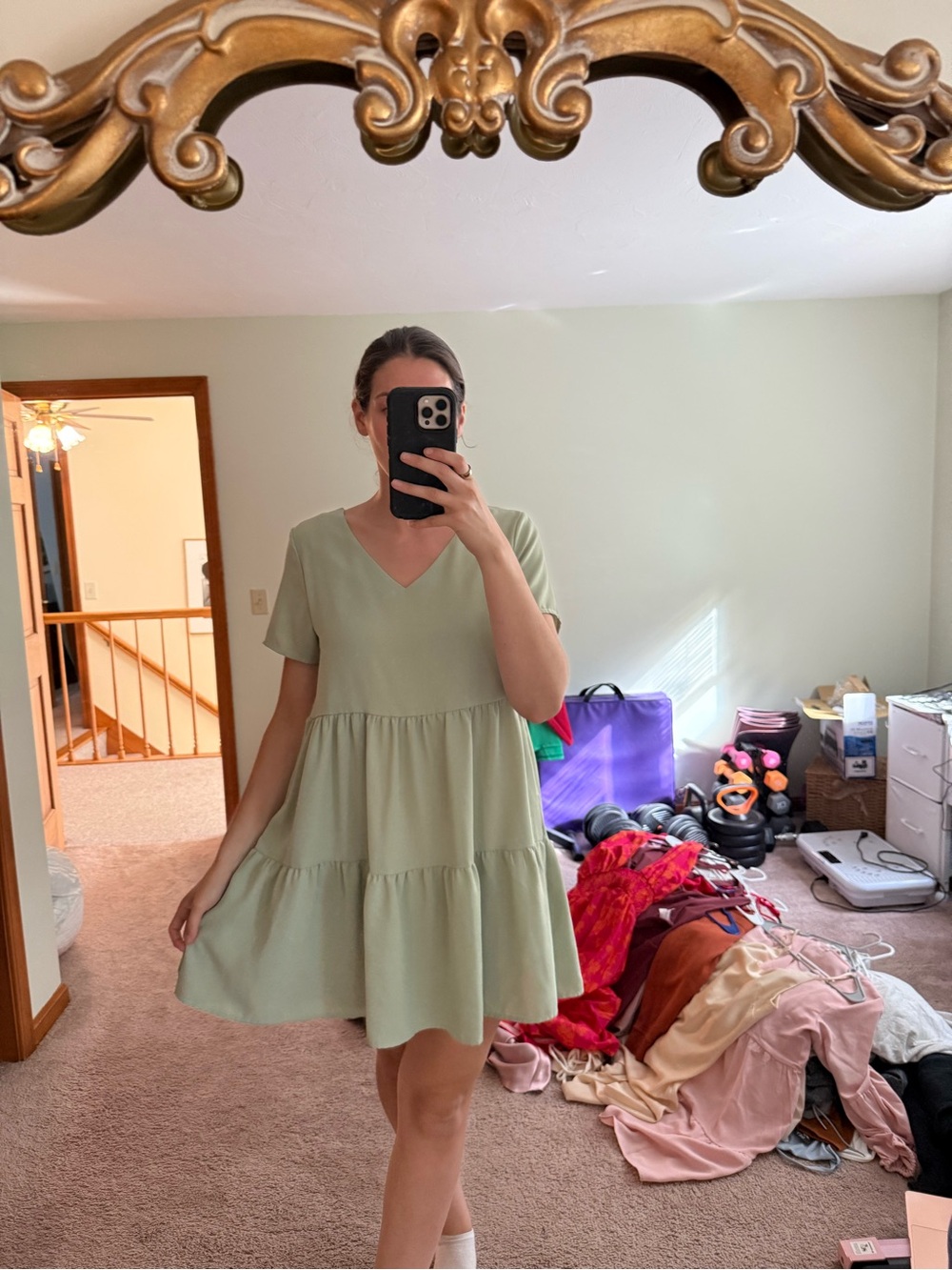 Amazon Sage Green V-Neck Tiered Mini Dress